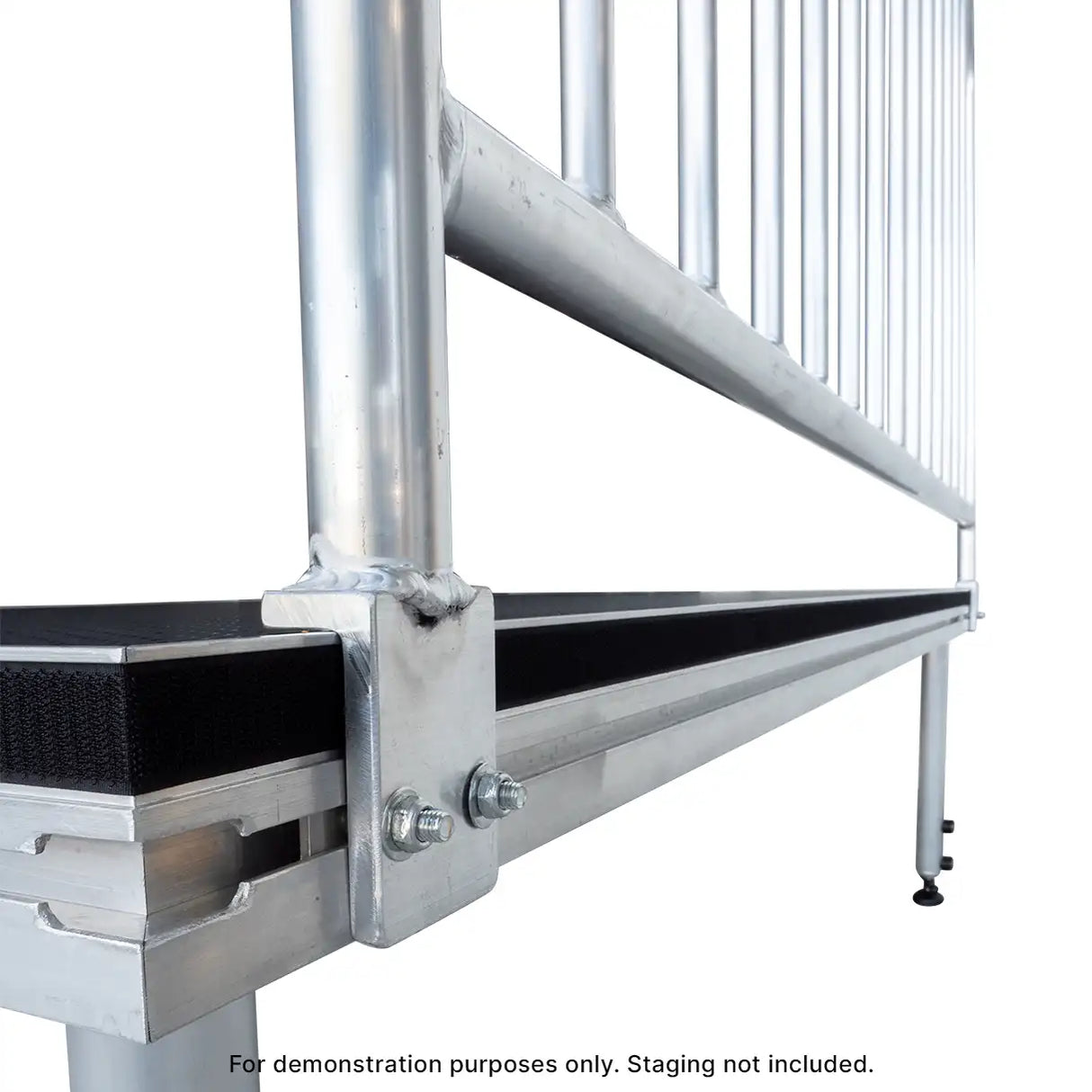 close up with of connection between stage and Stage Deck Guard Rail, 2m x 1m