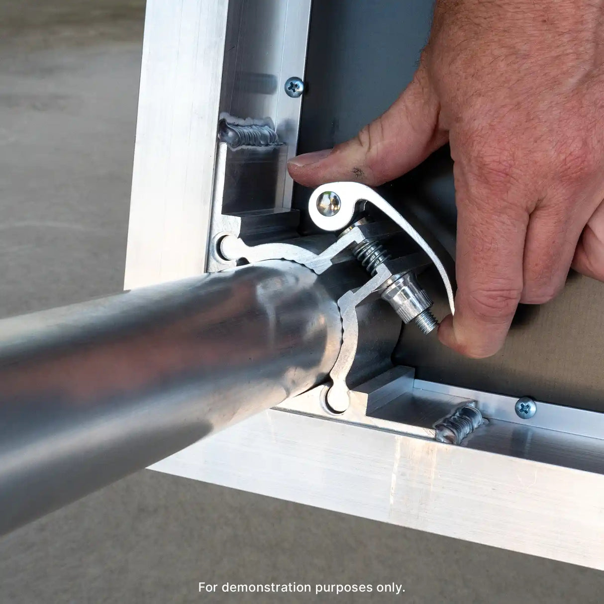 Stage Deck Leg being secured into stage deck.